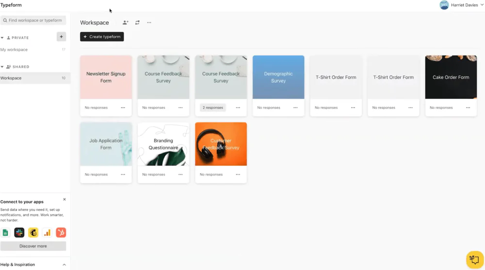 Painel de controle do Typeform