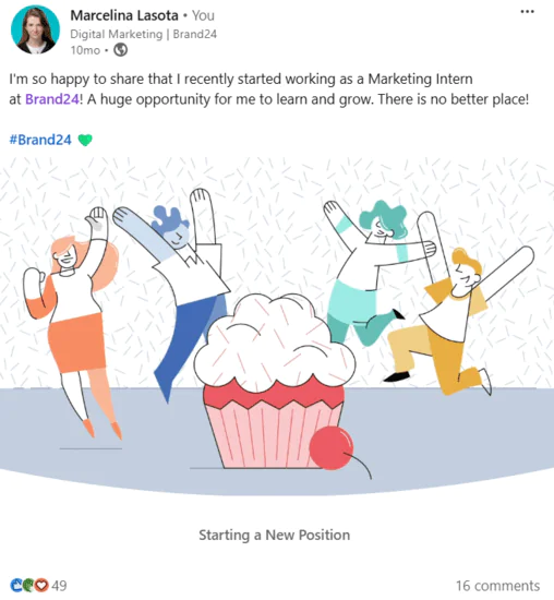 Postagem no LinkedIn anunciando um novo emprego
