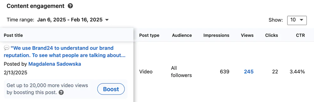 Análise de postagens do LinkedIn na análise interna da página do LinkedIn.